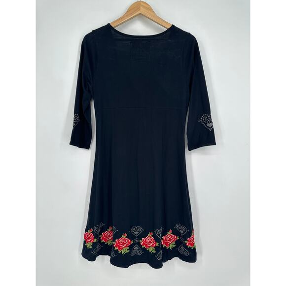 Johnny Was JWLA Embroidered Floral Dress Hearts Roses V Neck Midi - Picture 6 of 12